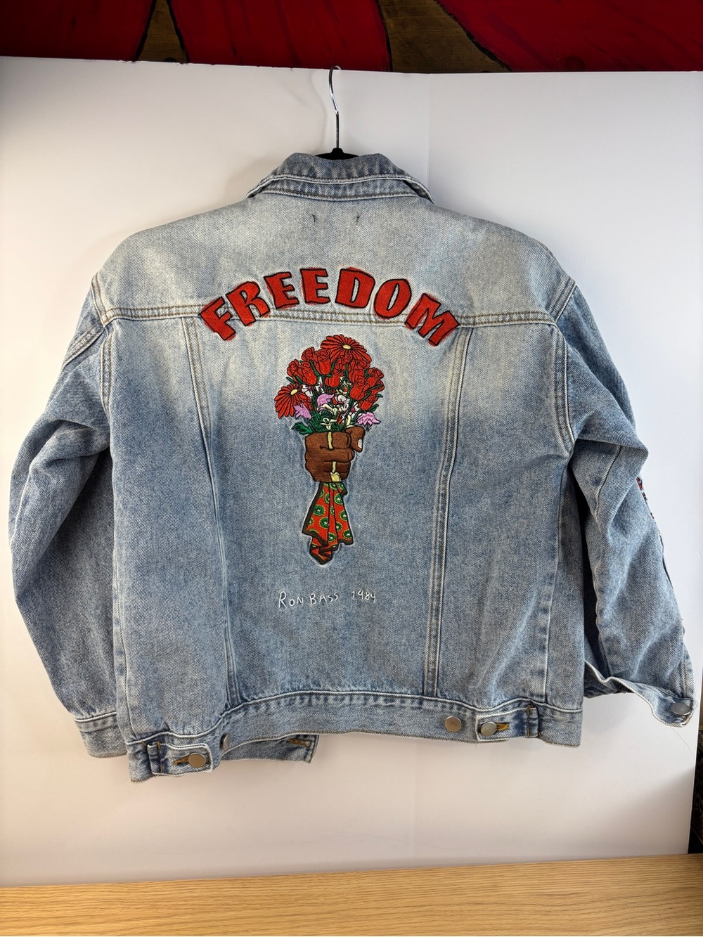 Forever 21 Light Wash Denim Jacket with Red “Freedom” Embroidery/Patches